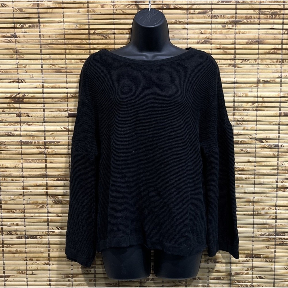 Sancia Sweater Womens L Black Textured Knit Mock‎ Neck Minimal Chic Classic Cozy